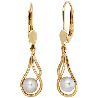 Boutons 585 Gelbgold 2 Süßwasser Perlen Ohrringe Ohrhänger Perlenohrringe