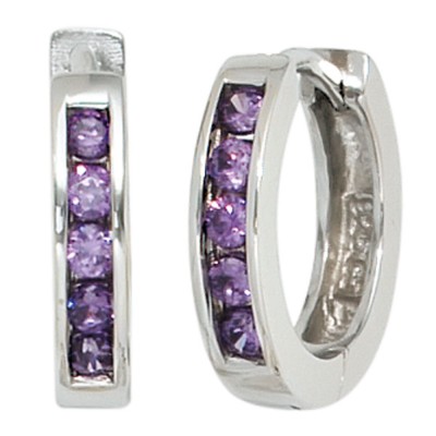Creolen rund 925 Sterling Silber 10 Zirkonia lila violett Ohrringe Silbercreolen