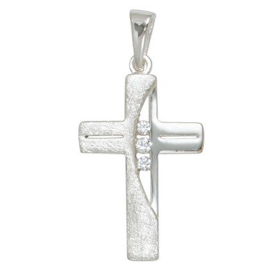 Anhänger Kreuz 925 Sterling Silber eismatt 3 Zirkonia Kreuzanhänger Silberkreuz