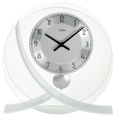 Tischuhr Quarz mit Pendel silbern modern rund Designeruhr