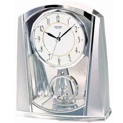 Tischuhr Quarz analog mit Slow-Motion Pendel silbern