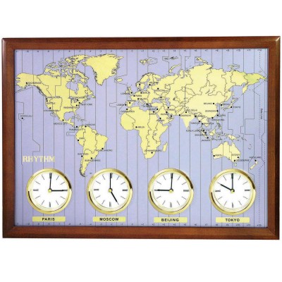 Wanduhr Weltzeit-Uhr Quarz analog Holzrahmen mit Metallzifferblatt