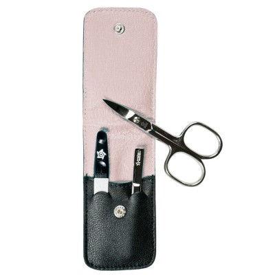 Pfeilring Maniküretui, Nappaleder schwarz, Futter beige, 3-teilige Bestückung