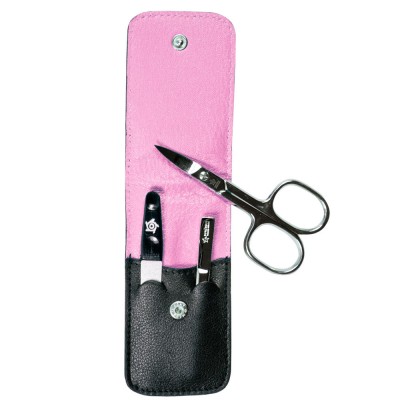 Pfeilring Maniküretui, Nappaleder schwarz, Futter pink, 3-teilige Bestückung