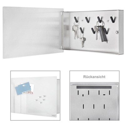 Schlüsselkasten VELIO Edelstahl matt Glas weiß 6 Magnete