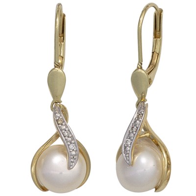 Boutons 585 Gelbgold 2 Süßwasser Perlen 6 Diamanten Ohrringe Ohrhänger