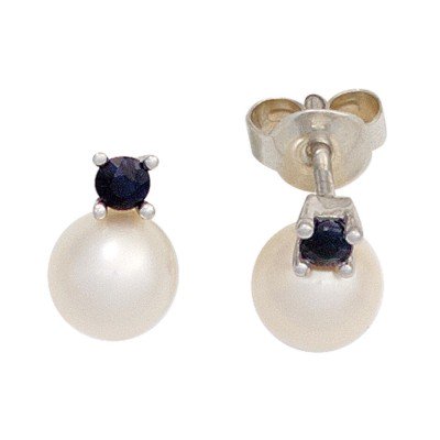 Ohrstecker 585 Weißgold 2 Süßwasser Perlen 2 Safire blau Ohrringe