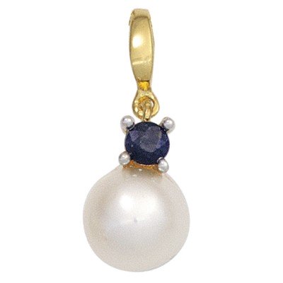 Anhänger 585 Gelbgold Weißgold 1 Süßwasser Perle 1 Safir Perlenanhänger