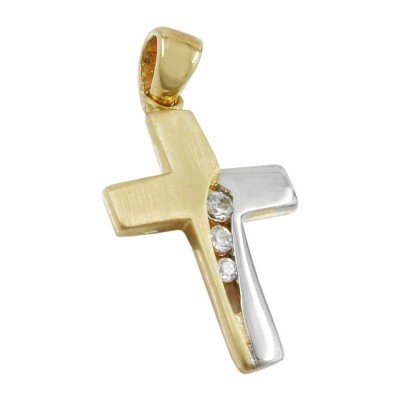Anhänger Kreuz bicolor mit 3 Zirkonias 375 Gold