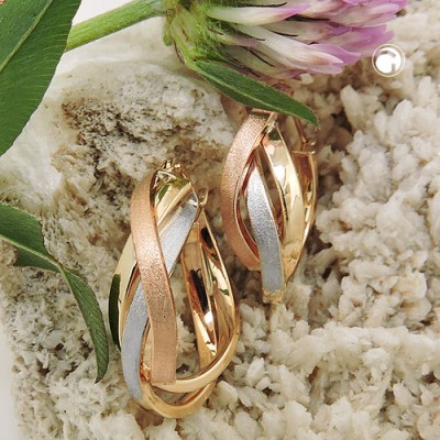 Creolen Ohrringe tricolor 3-farbig teilmattiert 375 Gelbgold