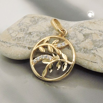 Anhänger rund mit Zweig Blatt Zirkonias 375 Gold