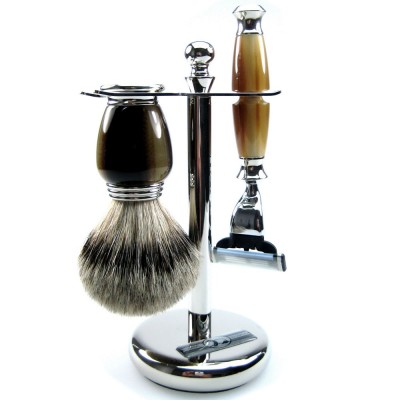 Golddachs Rasierset 3-teilig, verchromt, Pinsel mit Dachs-Silberspitze