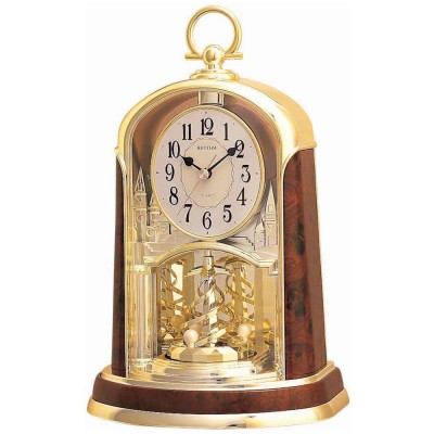 Tischuhr Quarz analog mit Drehpendel golden mit Holz-Optik