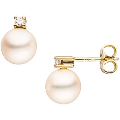 Ohrstecker 585 Gelbgold 2 Süßwasser Perlen 2 Diamanten Brillanten Ohrringe