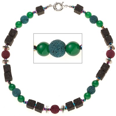 Halskette Edelsteinkette Lava mit Achat und Hämatin bunt 48cm Kette