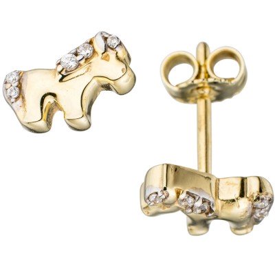 Kinder Ohrstecker Pferd Pferde 333 Gelbgold bicolor mit Zirkonia Ohrringe