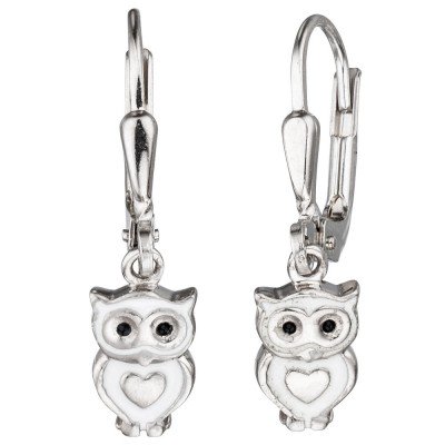 Boutons Eule 925 Sterling Silber rhodiniert mit weiß schwarzer Lackeinlage