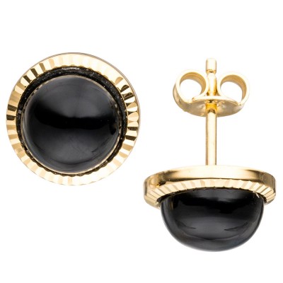 Ohrstecker rund 333 Gelbgold 2 Onyxe schwarz Ohrringe Goldohrringe