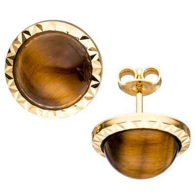 Ohrstecker rund 585 Gelbgold 2 Tigeraugen braun Ohrringe Goldohrringe