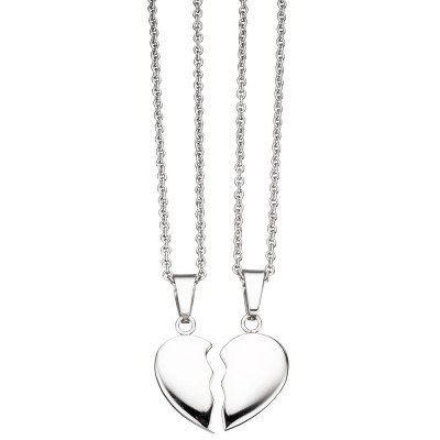 Collier aus 2 Ketten mit geteiltem Anhänger Herz Edelstahl 45cm Partneranhänger