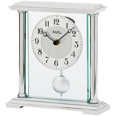 Tischuhr Quarz mit Pendel silbern Metall matt mattiert mit Glas