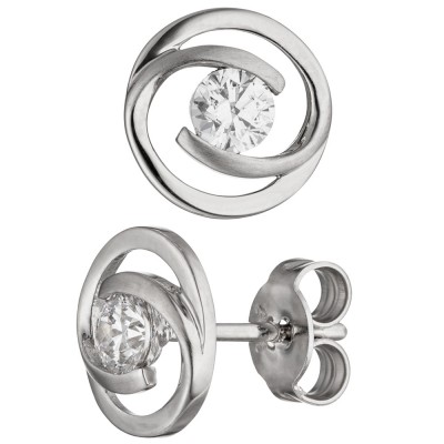 Ohrstecker rund 333 Gold Weißgold matt 2 Zirkonia Ohrringe Weißgoldohrringe