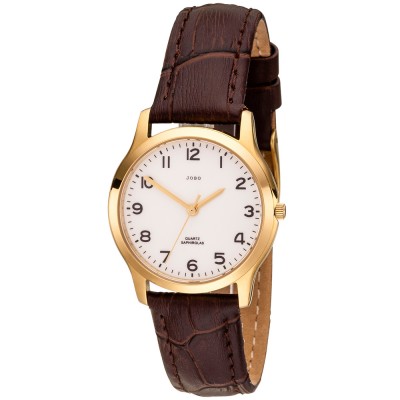 JOBO Damen Armbanduhr Quarz Analog Edelstahl vergoldet Lederband braun