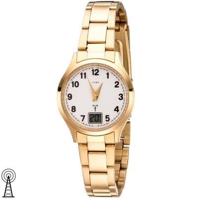 JOBO Damen Armbanduhr Funk Funkuhr Edelstahl gold vergoldet Damenuhr mit Datum