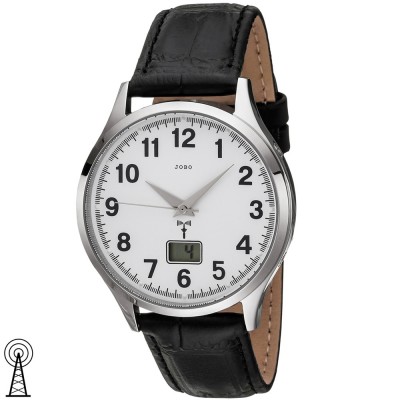 JOBO Herren Armbanduhr Funk Funkuhr Edelstahl Lederband schwarz Herrenuhr Datum