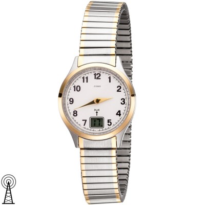 JOBO Damen Armbanduhr Funk Funkuhr Edelstahl bicolor vergoldet Flexband Datum