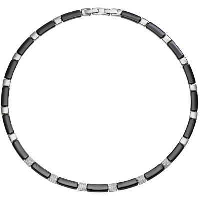 Collier Halskette aus schwarzer Keramik mit Edelstahl und Zirkonia 47cm Kette