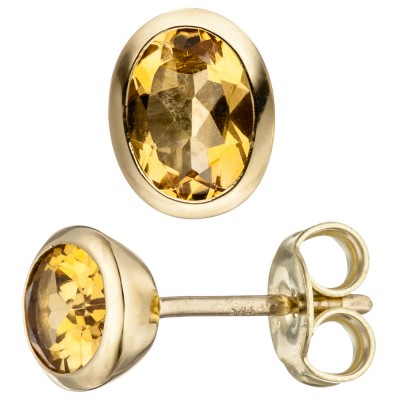 Ohrstecker oval 585 Gelbgold 2 Citrine gelb Ohrringe Goldohrringe