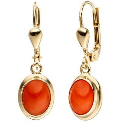 Ohrhänger oval 333 Gelbgold 2 Korallen orange Ohrringe Goldohrringe