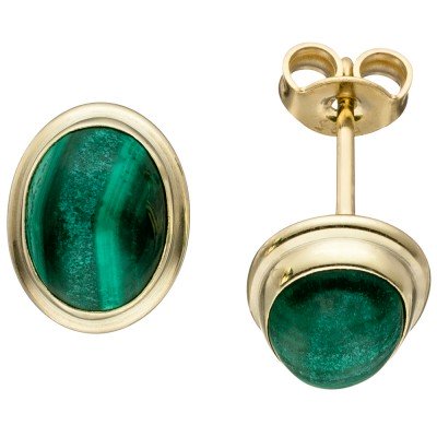 Ohrstecker oval 585 Gelbgold 2 Malachite grün Ohrringe Goldohrringe