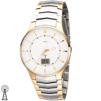 JOBO Herren Armbanduhr Funk Funkuhr Edelstahl bicolor vergoldet Datum Herrenuhr