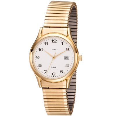 JOBO Herren Armbanduhr Quarz Analog Edelstahl god vergoldet Flexband Datum