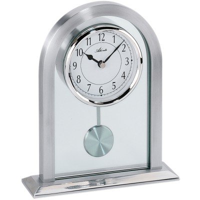 Tischuhr Quarz analog silbern mit Pendel und Glas Pendeluhr