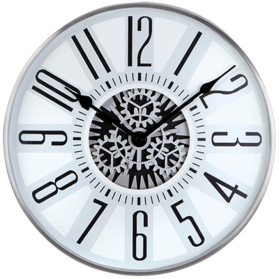 Wanduhr Quarz analog silbern grau mit Skelett sichtbaren Zahnrädern