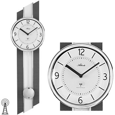 Funkwanduhr analog mit Pendel in Carbon Optik mit Glas