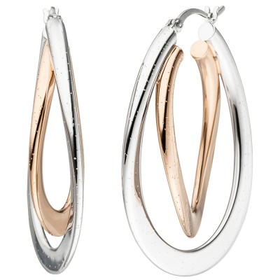 JOBO Creolen oval 925 Silber bicolor vergoldet Ohrringe mit Glitzereffekt