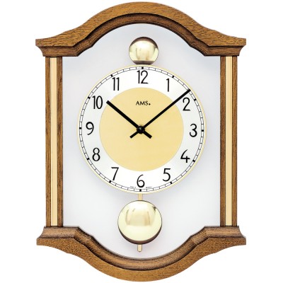 AMS Wanduhr Quarz analog Pendel Doppelpendel Holz Eiche massiv mit Glas