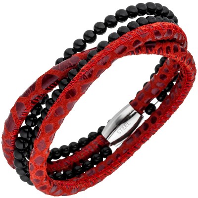 JOBO Armband Leder rot mit Onyx Kugeln und Edelstahl 19cm Lederarmband