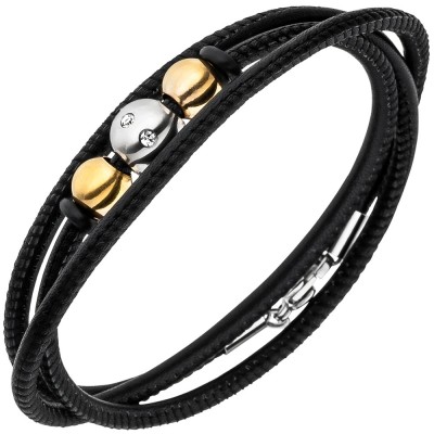 JOBO Armband Nappa-Leder schwarz mit Edelstahl und 8 Zirkonia Lederarmband
