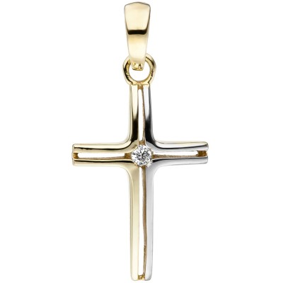 JOBO Anhänger Kreuz schmal 375 Gelbgold bicolor 1 Zirkonia Kreuzanhänger