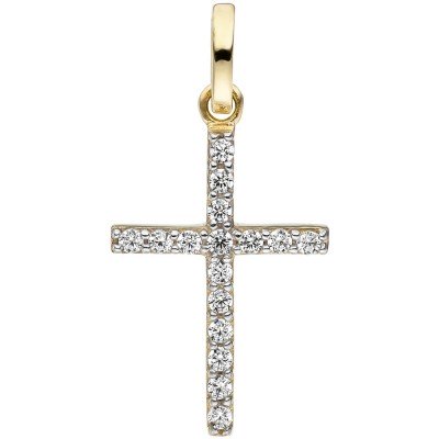 JOBO Anhänger Kreuz schmal 375 Gelbgold 16 Zirkonia Kreuzanhänger Goldkreuz