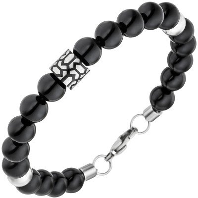 JOBO Herren Armband Onyx Kugeln mit Edelstahl 21cm schwarz
