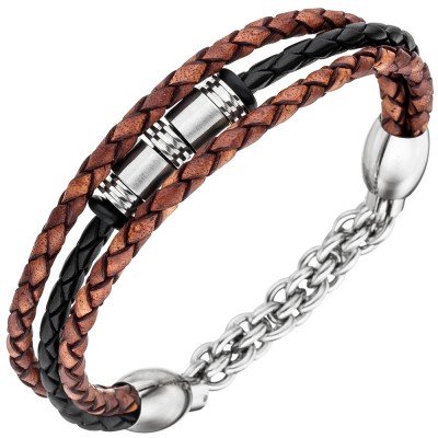 JOBO Herren Armband 3-reihig Leder schwarz braun mit Edelstahl 21cm