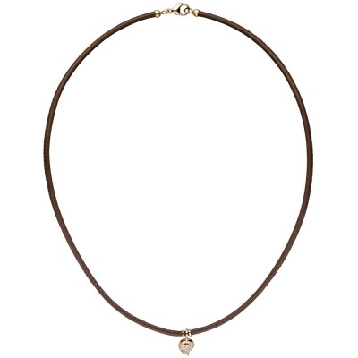 Collier Halskette Leder taupe mit 585 Rotgold 17 Diamanten Brillanten 45cm