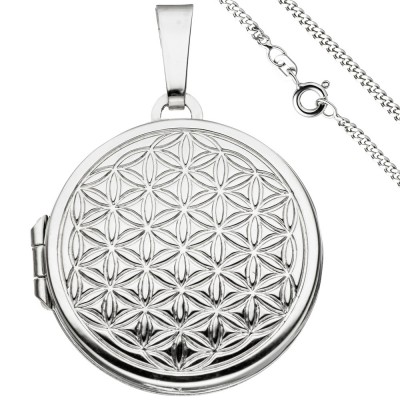 Medaillon Blume des Lebens rund Anhänger zum Öffnen 925 Silber mit Kette 60cm