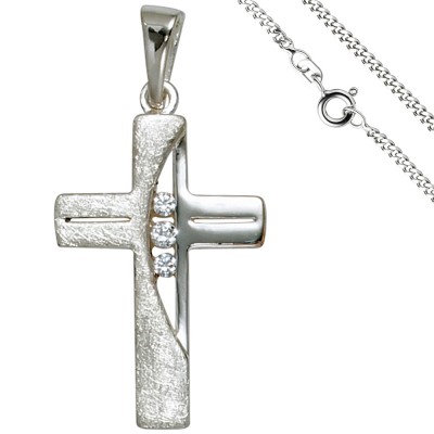 Anhänger Kreuz 925 Silber 3 Zirkonia Kreuzanhänger Silberkreuz mit Kette 60cm